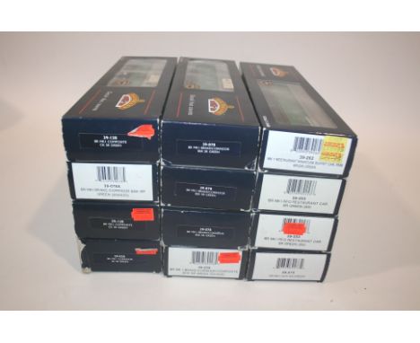 BACHMANN ROLLING STOCK 12 boxed items including, 39-262 Buffet Car, 39-253 Restaurant Car (2), 39-273 MK 1 Guv, and 8 other i