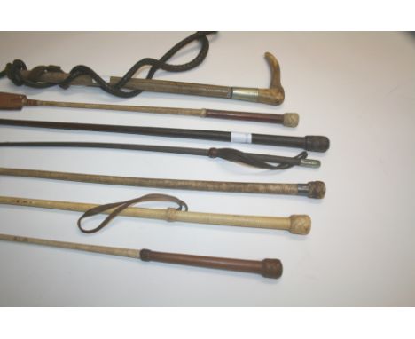 RIDING CROPS including a riding crop mounted with a silver collar, an all leather crop by Swaine & Adeney, 4 other crops and 