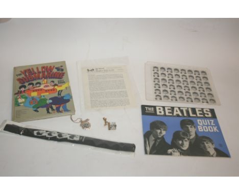 BEATLES EPHEMERA including various products made for the Beatles, including a Tie, Set of Stamps, Locket and miniature book, 