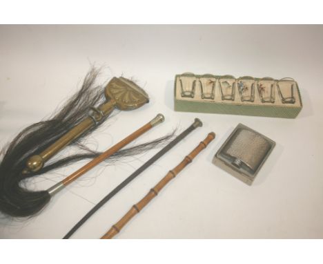 SWAINE RIDING CROP a crop with a metal top stamped Swaine, also with a brass horse implement, fly whisk, hip flask, bamboo sw