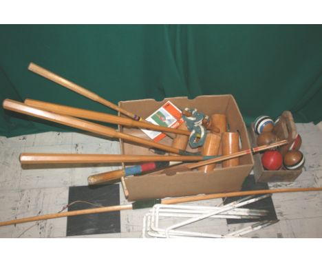 VINTAGE CROQUET SET including three heavy wooden mallets (marked A & N.C.S.L) and a smaller mallet by Ayres. Also with some v