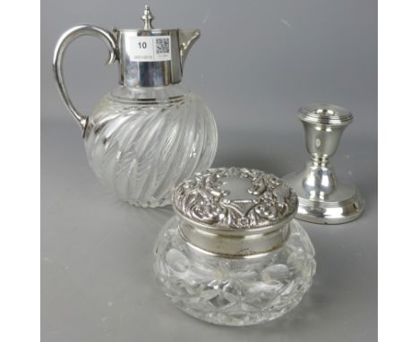 Early 20th Century cut glass jug with silver-plated top and handle, dressing table jar with hallmarked silver top and a hallm