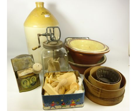 Large stoneware bottle, Vintage 'Blow' butter churn, butter moulds, pancheons and related items    Condition Report   Click h