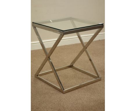 Polished aluminium x-framed glass top lamp table, 50cm x 50cm, H60cm   Condition Report   Click here for further images, cond
