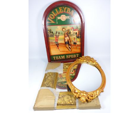 Rococo style gilt framed mirror, another mirror with gilt moulded leaf and berry design frame and a Volleyball painted panel 