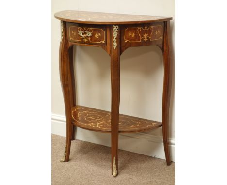 Italian marquetry demi-lune lamp table with drawer and undertier, gilt metal mounts, W62cm, H74cm, D31cm   Condition Report  