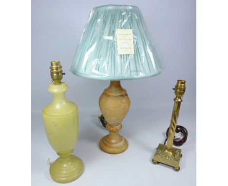 Two alabaster table lamps and a small brass table lamp (3) (This item is PAT tested - 5 day warranty from date of sale)   Con