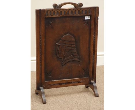 Late 20th century mahogany panelled fire screen, carved with knights head, dated 1982 to back, W44cm, H66cm