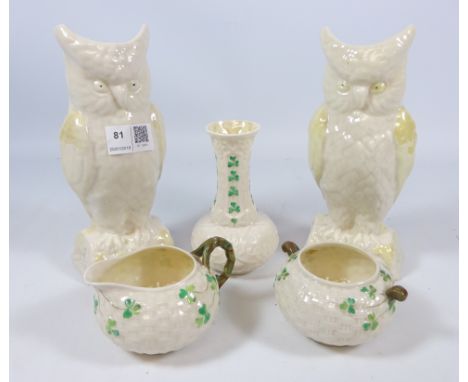 Late 19th Century Belleek sugar bowl and cream jug (black back stamp), pair of Belleek owl vases and a Belleek vase (5)   Con