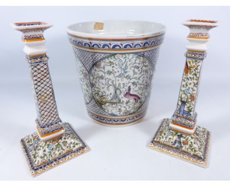Pair of Portuguese candlesticks and a matching planter (3)    Condition Report   Click here for further images, condition, au