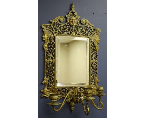 Victorian ornate brass three armed mirror sconce, by William Tonks impressed kite mark and makers mark W.T & S, H51cm    Cond