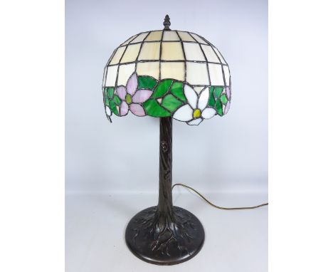 Large Tiffany style table lamp with leaded glass shade on a naturalistic metal base, H65cm  (This item is PAT tested - 5 day 