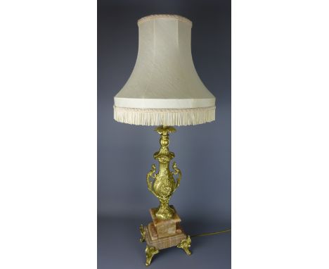 Tall gilt metal and marble table lamp, H85cm excluding shade 