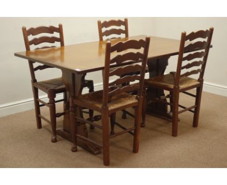 Rectangular oak dining table, shaped end supports connected by stretcher (156cm x 90cm, H74cm), and set four country style la