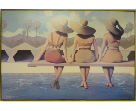 'Poolside Gossip', contemporary print mounted onto canvas board after Jacqueline Osborn 60cm x 91cm   Condition Report   Clic