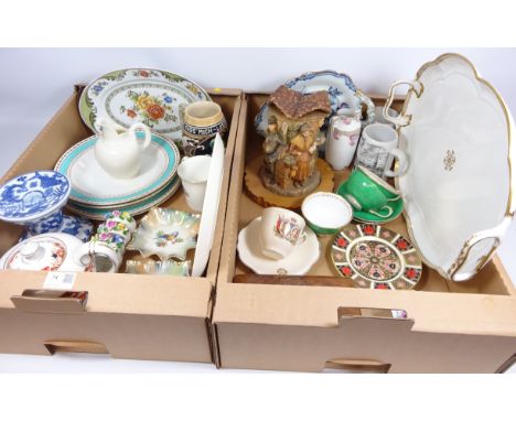 Royal Worcester porcelain jug no. 1094, porcelain twin handled tea tray, Royal Crown Derby Imari tea plate, treen box with Mi