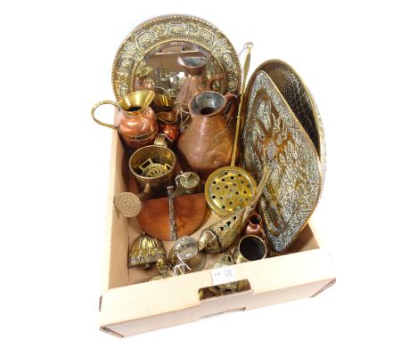 Brass framed circular mirror, Victorian 1/2 Gallon copper jug, brass chestnut roaster, horse brasses, two brass bells, brass 
