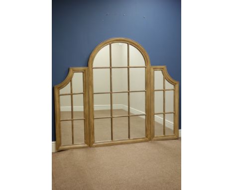 Three sectional arch top 'window' mirror in painted wood frame, W180cm, H150cm