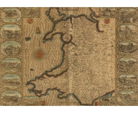 Wales.- Speed (John) Wales, decorative map with the four corners showing the diocesan cities of Bangor, St. Asaph, Llandaff a