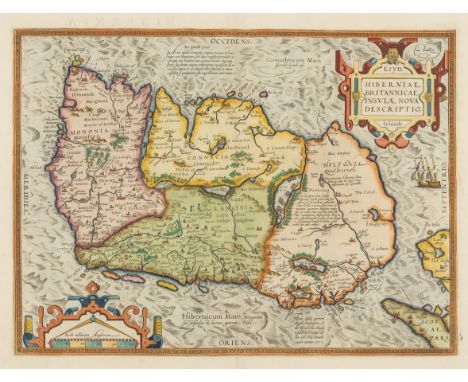 Ireland.- Ortelius (Abraham) Eryn - Hiberniae, Britannicae Insulae, Nova Descriptio - Irlandt, map of Ireland, with north ori