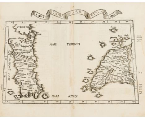 Sicily and Sardinia.- Fries (Lorenz) Tabula VII Euro, Ptolemaic map of Sicily and Sardinia based upon Waldseemüller's map of 