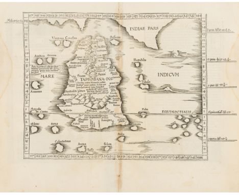 Sri Lanka.- Fries (Lorenz) [Tabula XII Asiae], Ptolemaic map of Sri Lanka with part of the Indian coast, woodcut on laid pape