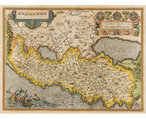 Holy Land.- Ortelius (Abraham) Terra Sancta, map of the Holy Land oriented to the east, showing from Beirut to Gaza, with str