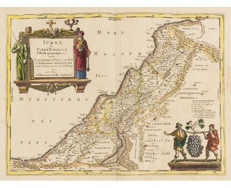 Holy Land.- Jansson (Jan) Judaeae seu Terrae Israelis, map showing the divided kingdoms of Judea and Israel, with large title