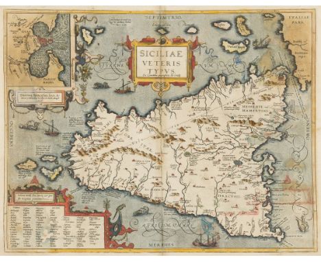 Sicily.- Ortelius (Abraham) Siciliae Veteris Typus, map of ancient Sicily, with an inset plan of Syracuse, with three decorat