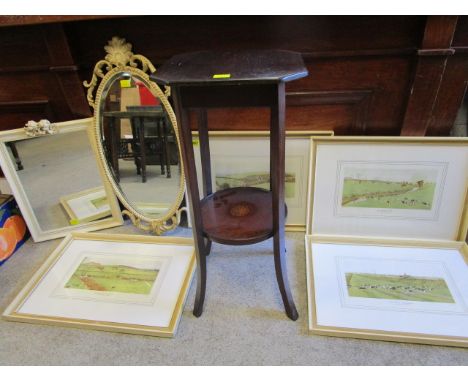 A quantity of miscellaneous prints to include Cecil Aldin hunting prints, a dressing mirror and a two tier plant stand 