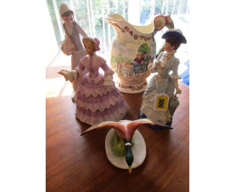 A Crown Devon 'Daisy' musical jug, a Nao figure of a girl holding a basket of flowers, two Wedgwood figures of ladies in Edwa