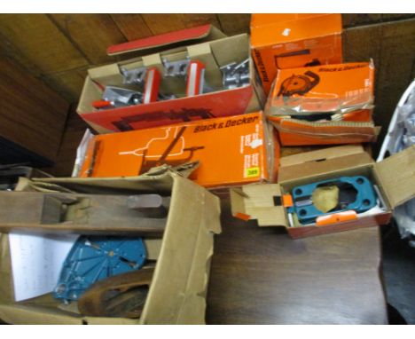A selection of tools to include Black & Decker tools, vintage wood working tools, a lathe and other items 