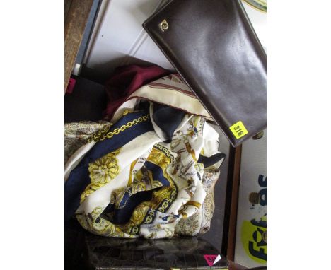 A vintage Paco Rabanne clutch bag and a small selection of silk scarves to include Jaeger and a Liberty style silk scarf, rep