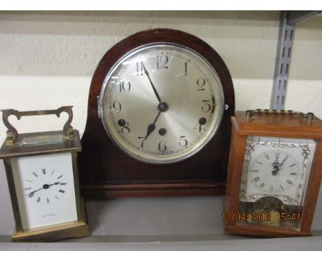 A mahogany cased Napoleon hat style mantle clock and two carriage clocks 