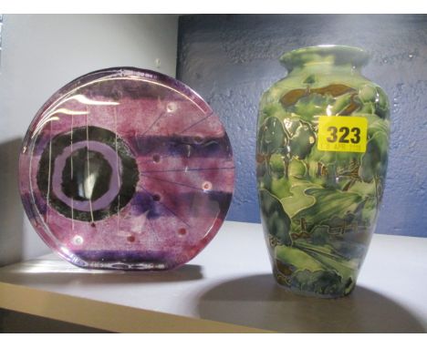 An art glass piece together with a modern glazed vase, signed JM to the base 