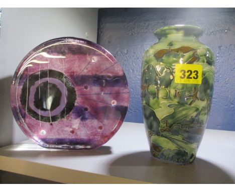 An art glass piece together with a modern glazed vase, signed JM to the base 