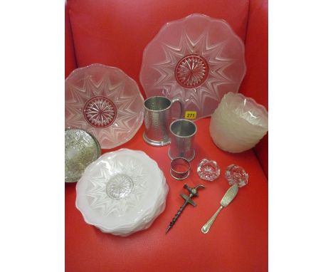A Vintage corkscrew in the form of a Champagne tap, a frosted continental glass fruit set, two pewter tankards, a pair of gla
