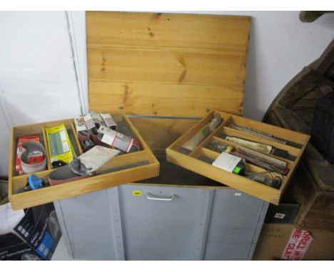A mid 20th century, grey painted, planked pine tool chest, containing various tools and accessories 