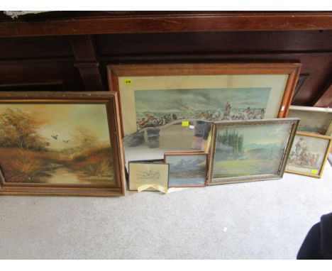 A selection of paintings and prints and a wall mirror, to include an oil painting of ducks flying above a stream, signed L Ga