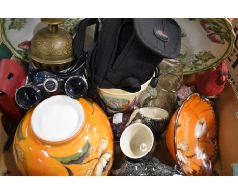 A nice box containing a brass bell, Canon 3x binoculars, Samsung Digimax L85 camera and various ceramics