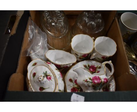 A part Hammersley Grandmothers Rose tea set and two glass jelly moulds