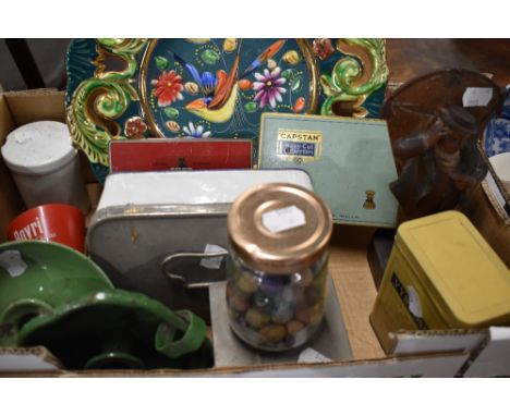 A jar of vintage marbles, a Quaregnon, Belgium display plate, two vintage green enamel chamber sticks, three vintage cigarett