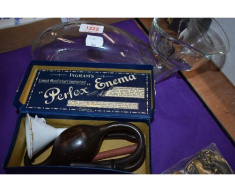 Ingram's Perfect Enema Kit, enamel funnel, glass funnel and glass bed bottle