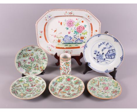 A set of four Canton enamel bird and floral decorated dishes, 7 1/4" dia (rim chips), a similar cylinder vase, 4 3/4" high, a