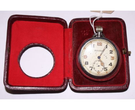 A Jaeger Le Coultre chrome-cased military issue open faced pocket watch with white enamel dial and Arabic numerals, in fitted