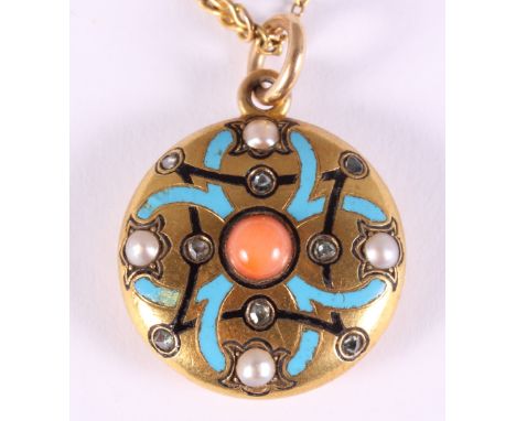 A late 19th Century gold, diamond, pearl, coral and enamel pendant, on 9ct gold chain pendant weighs 5.8g, necklace weighs 1.