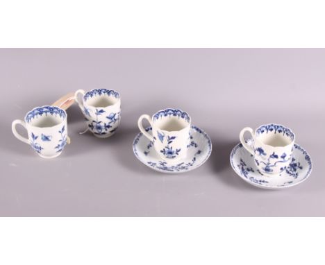 A set of four Worcester coffee cups decorated flowers in blue underglaze and a pair of 19th Century blue and white porcelain 
