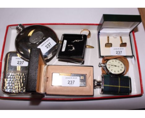 Three hip flasks, a pocket watch, a pair of cufflinks, a lighter, etc 