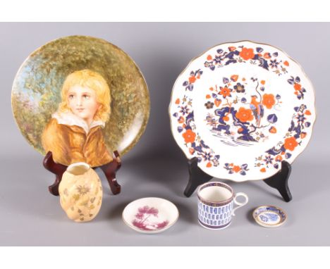 A late 19th Century porcelain plate decorated with figure of a boy, 9" dia, an Aynsley Imari decorated plate, a Grainger and 