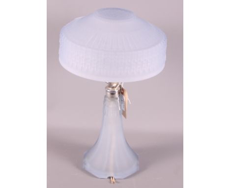 An Art Deco Bagley(?) blue frosted glass table lamp 